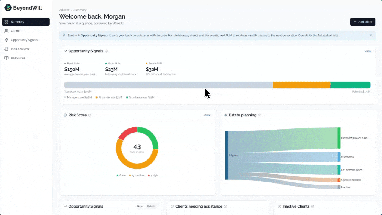 BeyondWill advisor dashboard: your book at a glance.